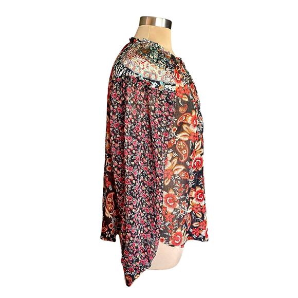 Umgee Mixed Print Paisley Floral Sheer Chiffon Top MED Bohemian Long Sleeve Fall - Picture 4 of 9